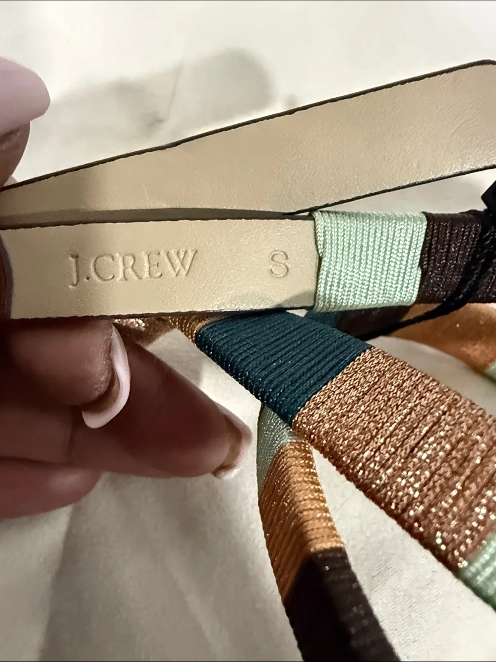 J. Crew Brown Leather Belt with Striped Satin Wrap in Mint, Teal & Copper - Picture 2 of 4